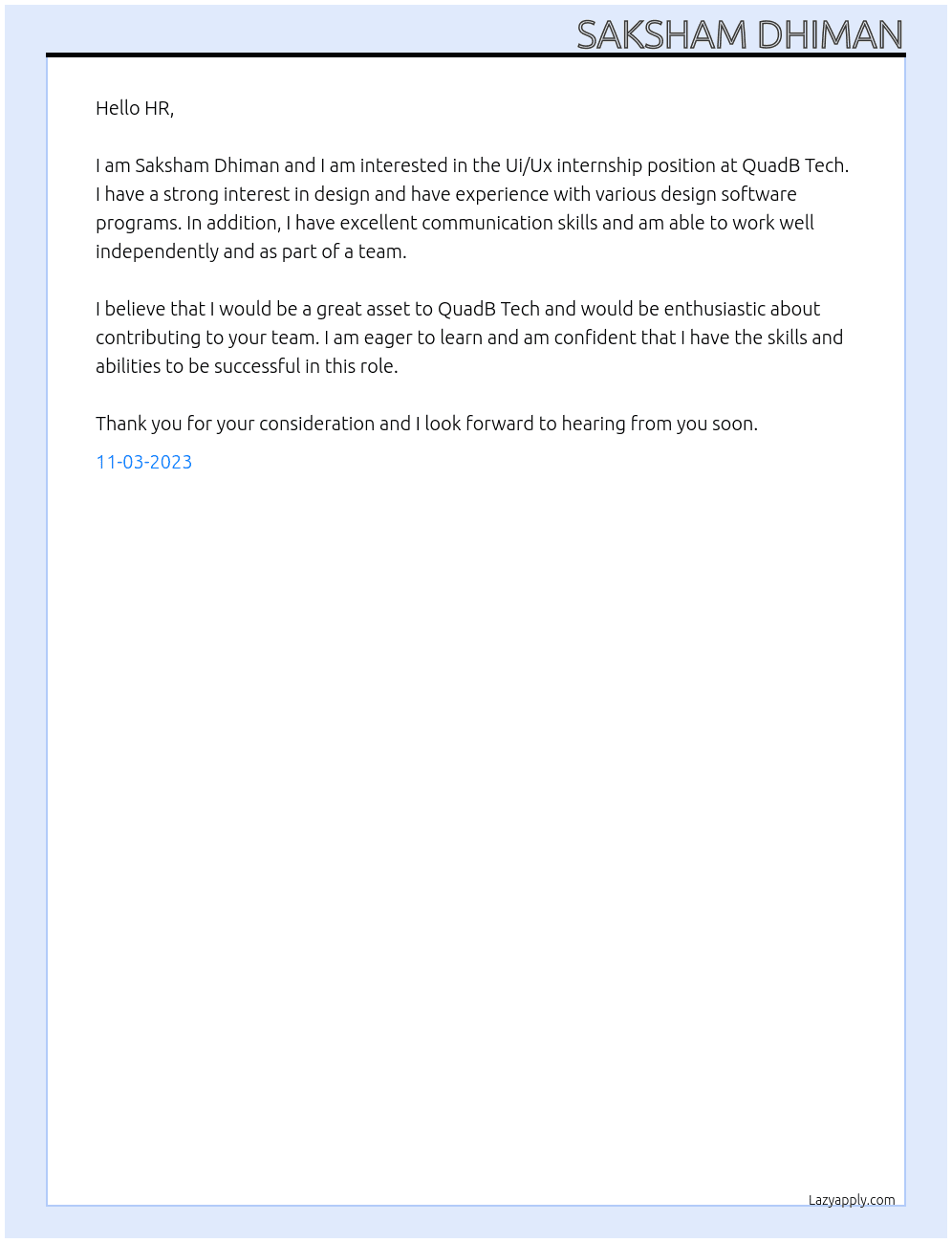 Ui/Ux internship At QuadB Tech Cover Letter