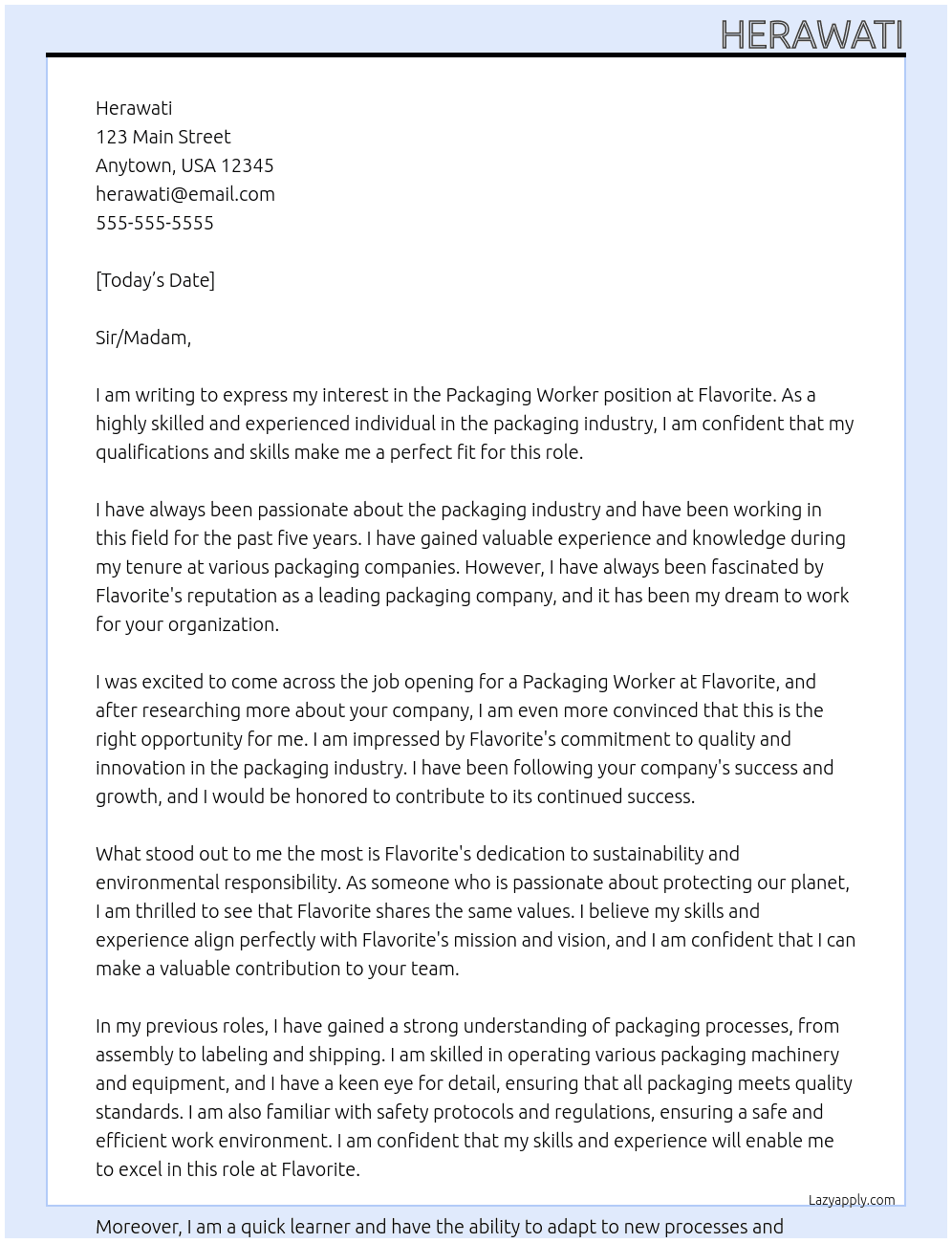 packaging worker At Flavorite Cover Letter