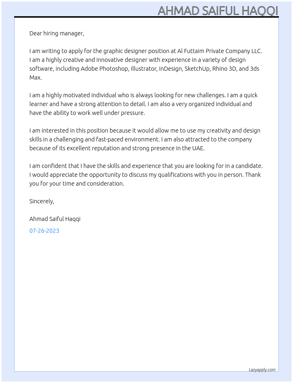 graphic designer At Al Futtaim Private Company LLC Cover Letter
