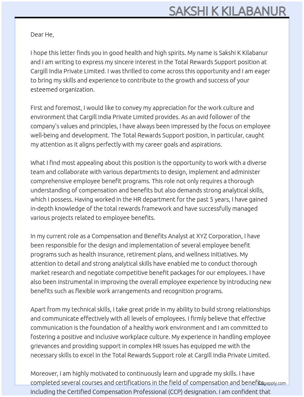 Total Rewards Support i At Cargill India Private Limited Cover Letter