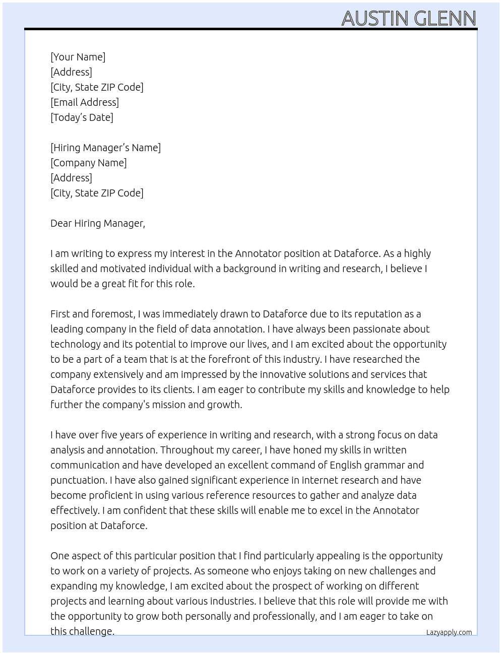 Annotator  At Dataforce Cover Letter