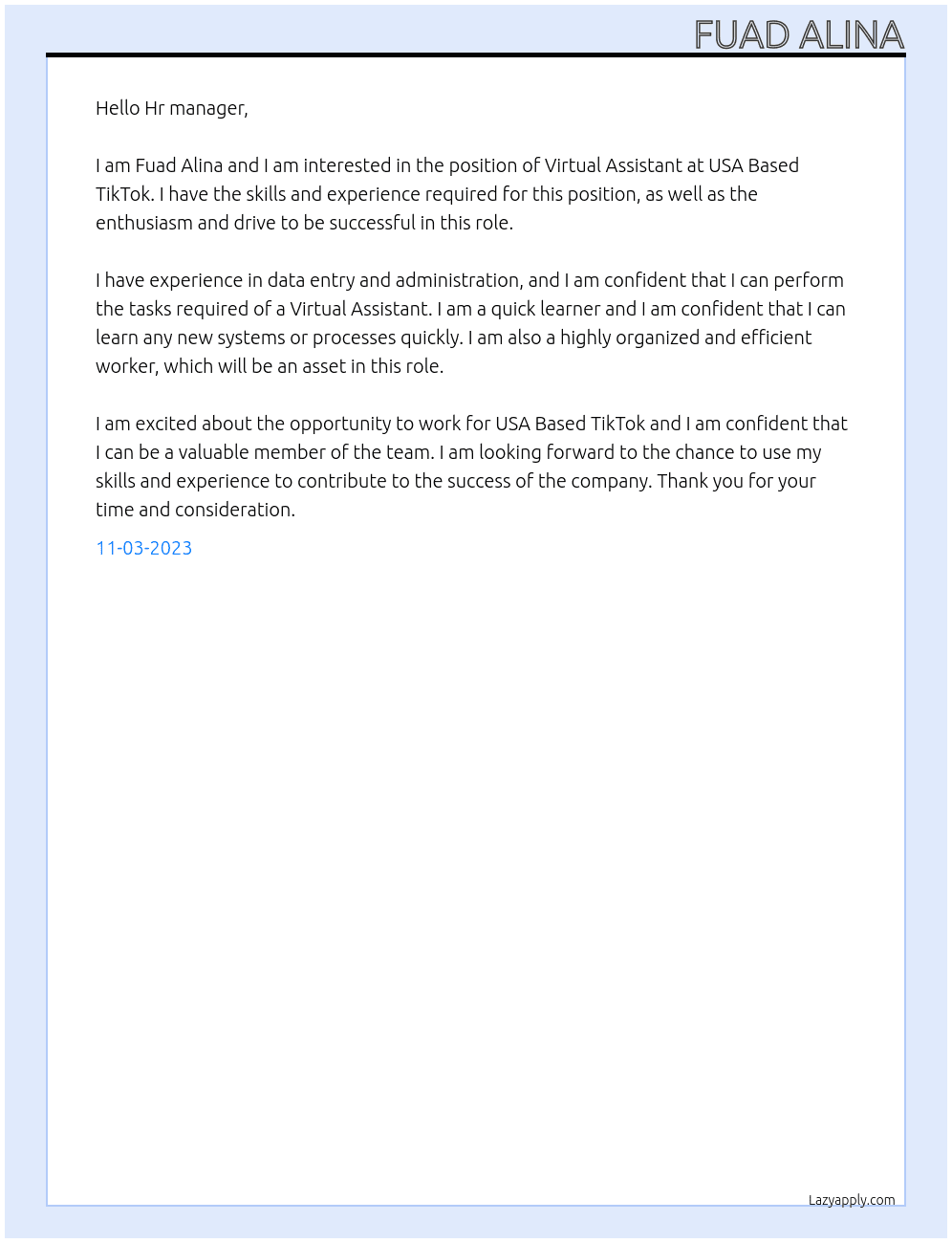 Virtual Asisten At USA Based TikTok Cover Letter