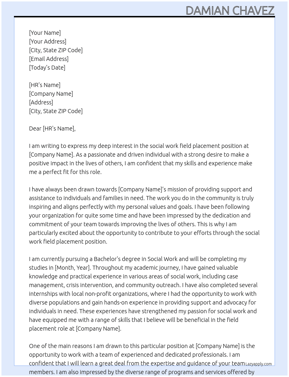 Cover letter for social work field placement - LazyApply
