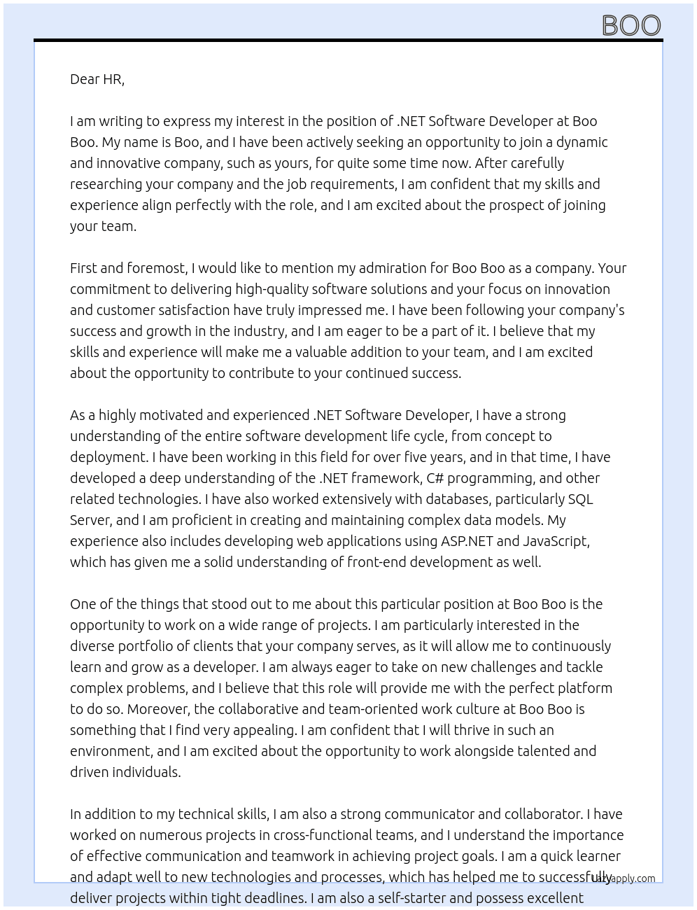 .NET Software Developer At boo boo Cover Letter