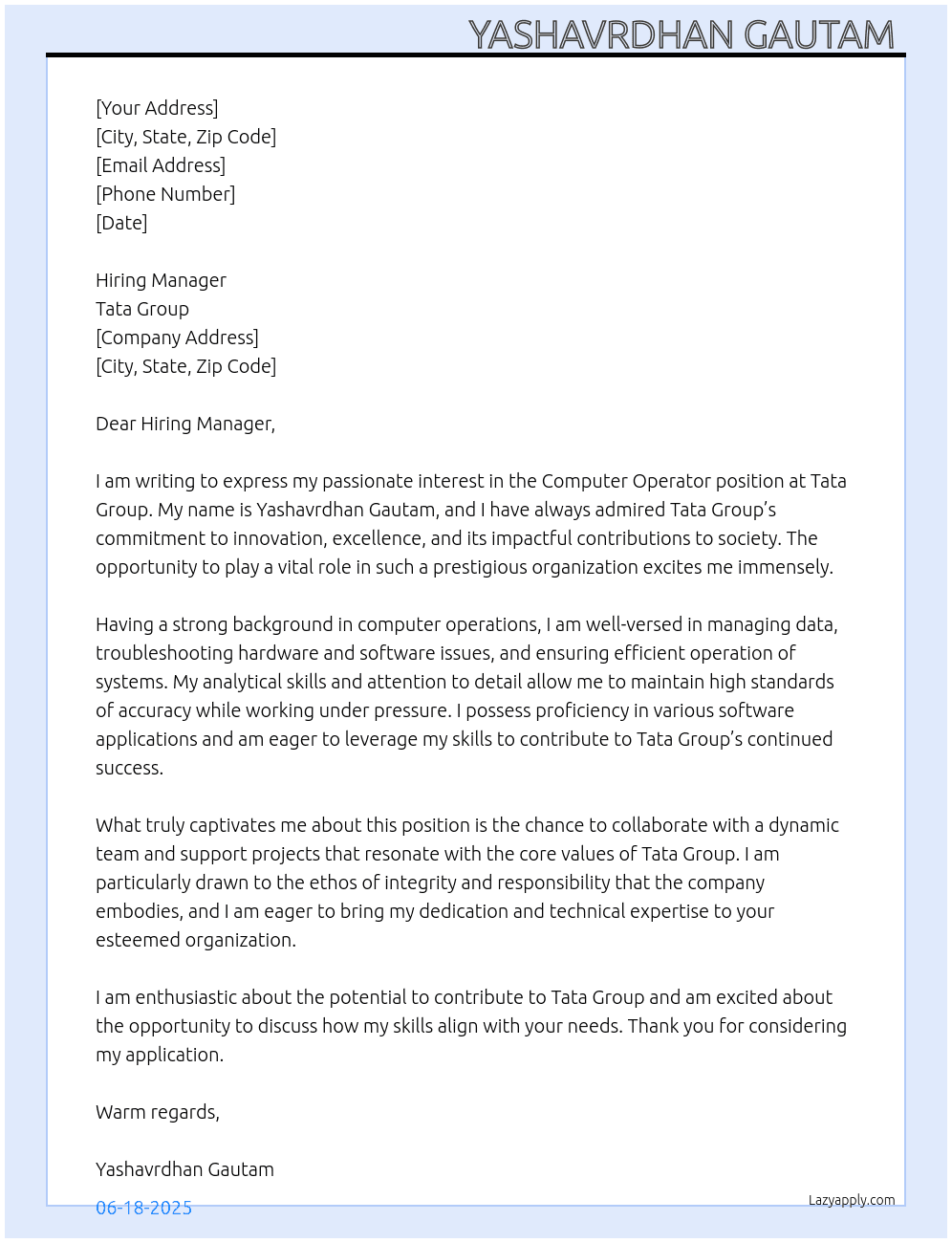 Computer operator  At Tata group  Cover Letter