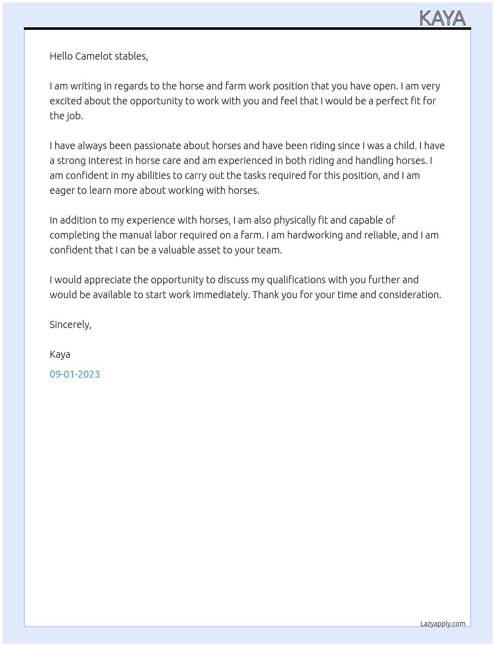 Horse and farm work At Camelot stables  Cover Letter
