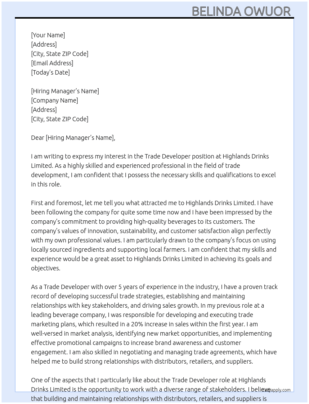 Trade developer At Highlands Drinks Limited Cover Letter