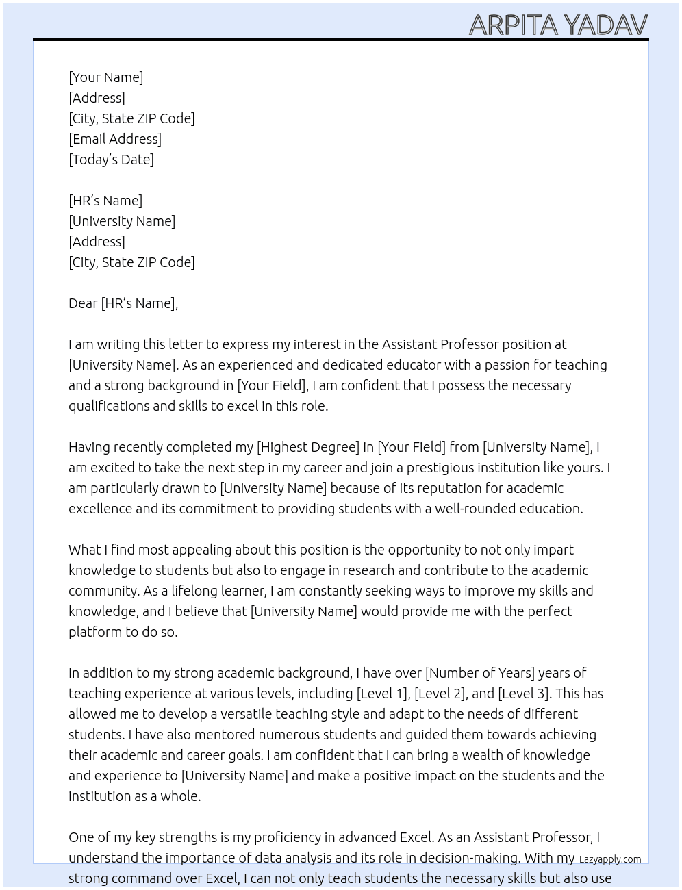 assistant professor At university Cover Letter