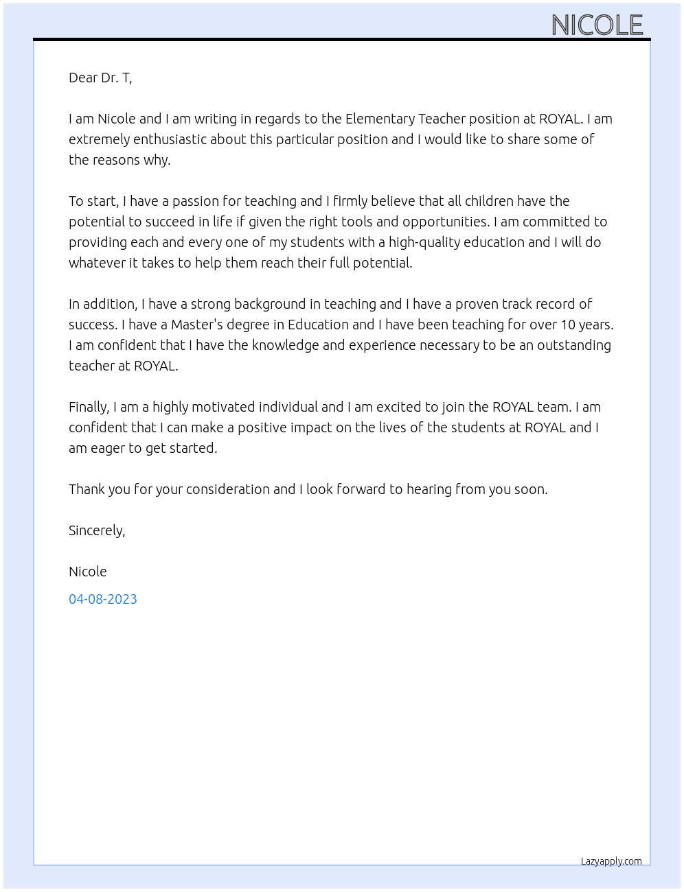Elementary Teacher At ROYAL Cover Letter