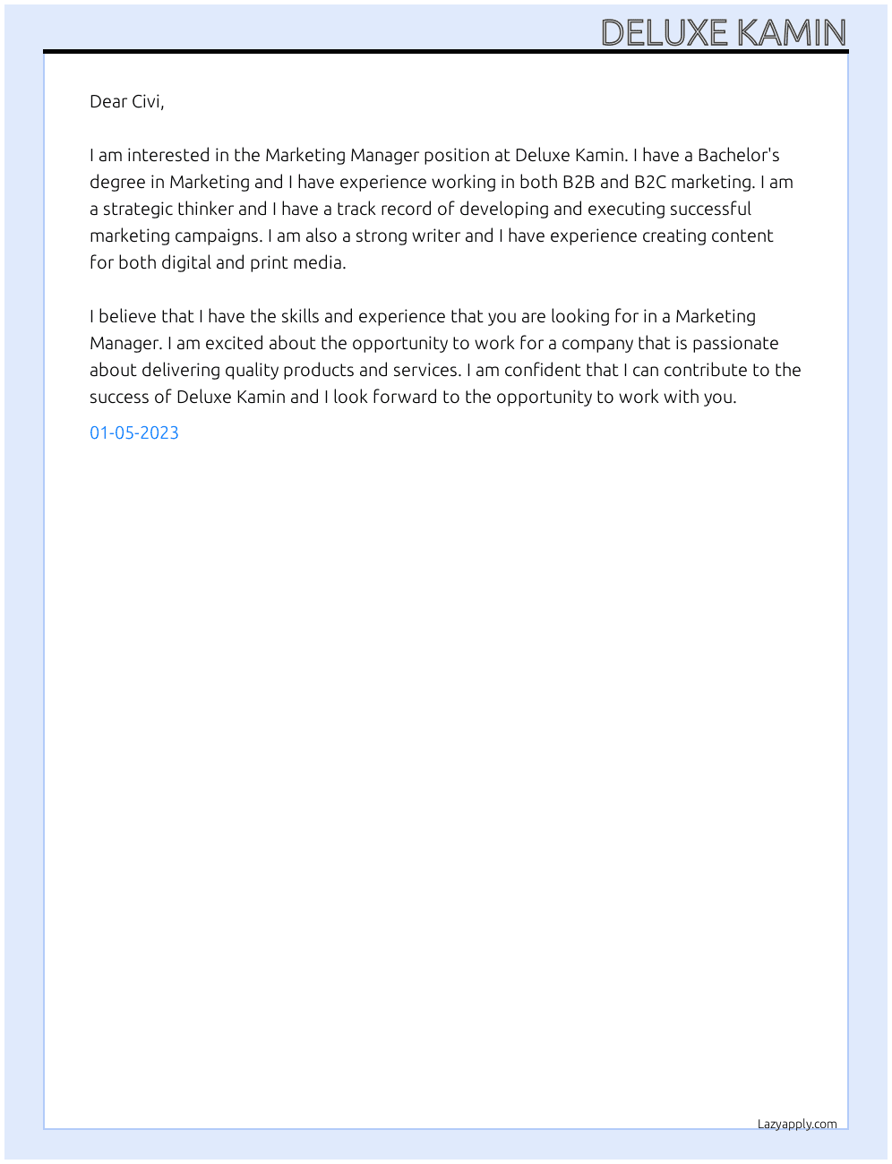 Marketing Manager At Deluxe Kamin Cover Letter