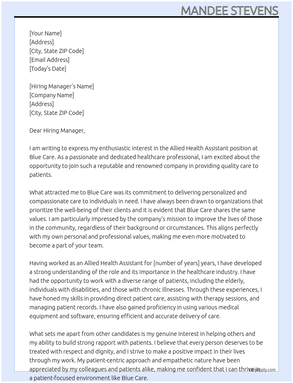 Allied Health Assistant At Blue Care Cover Letter
