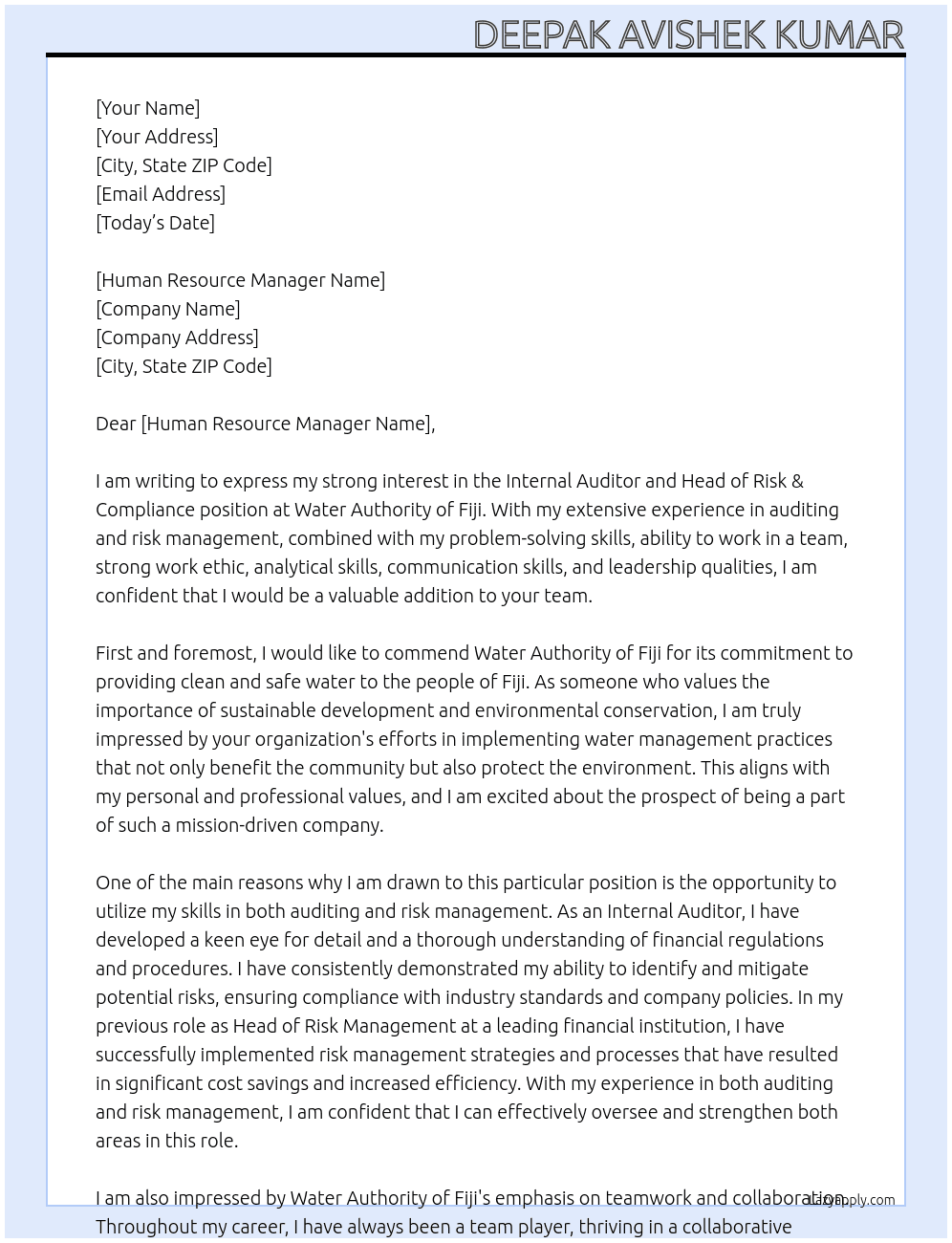 Internal Auditor and Head of Risk & Compliance At Water Authority of Fiji Cover Letter