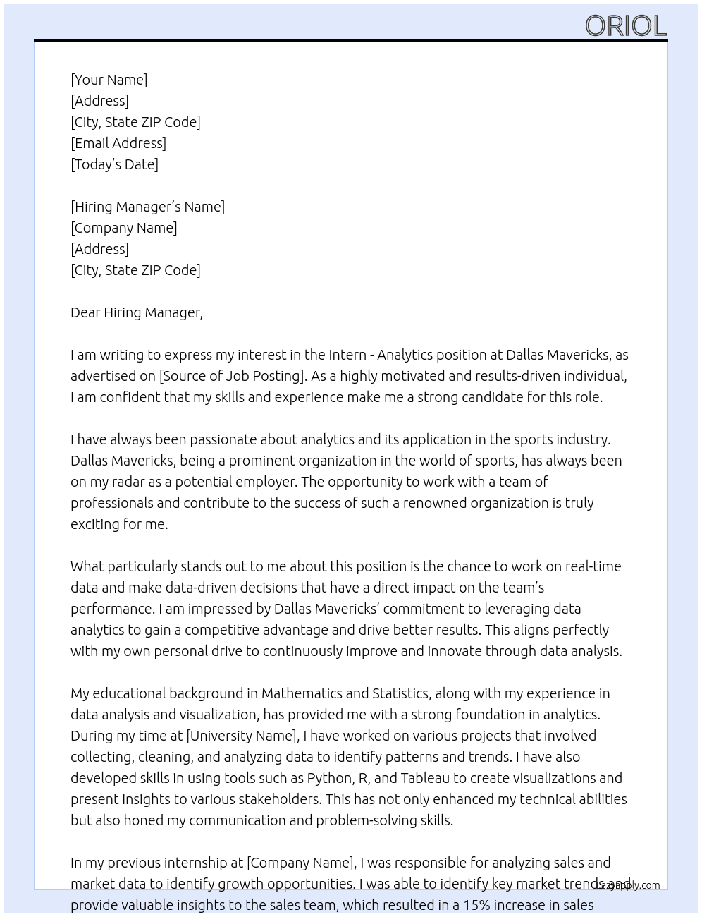 Intern - Analytics At Dallas Mavericks Cover Letter