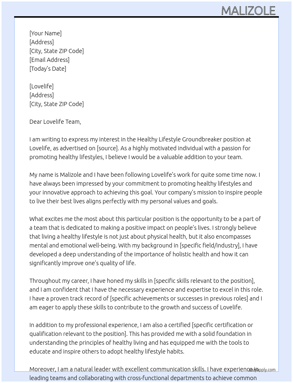 Healthy lifestyle groundbreaker  At Lovelife Cover Letter