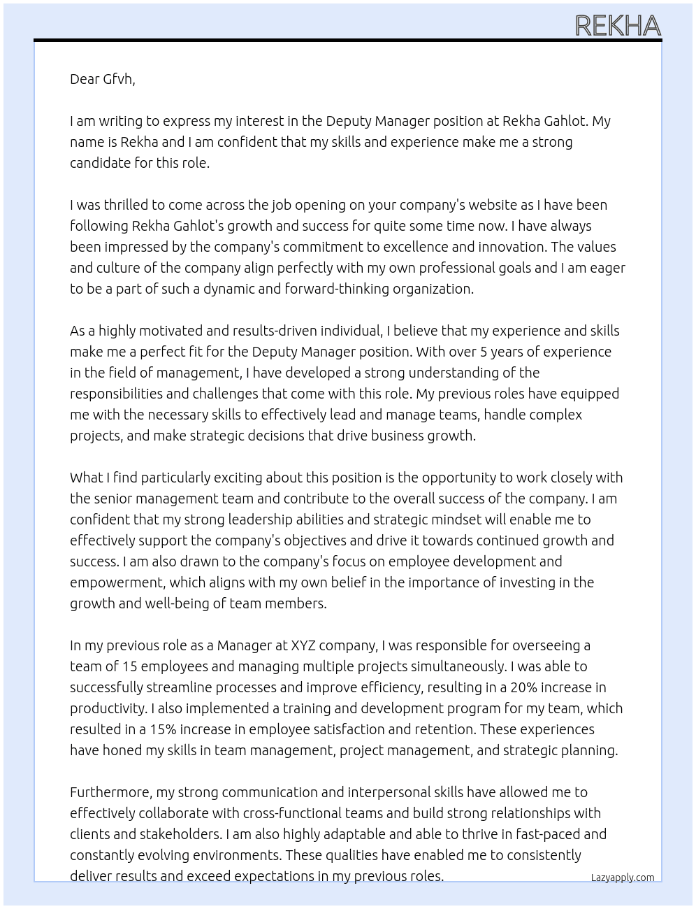 Deputy manager  At Rekha Gahlot  Cover Letter
