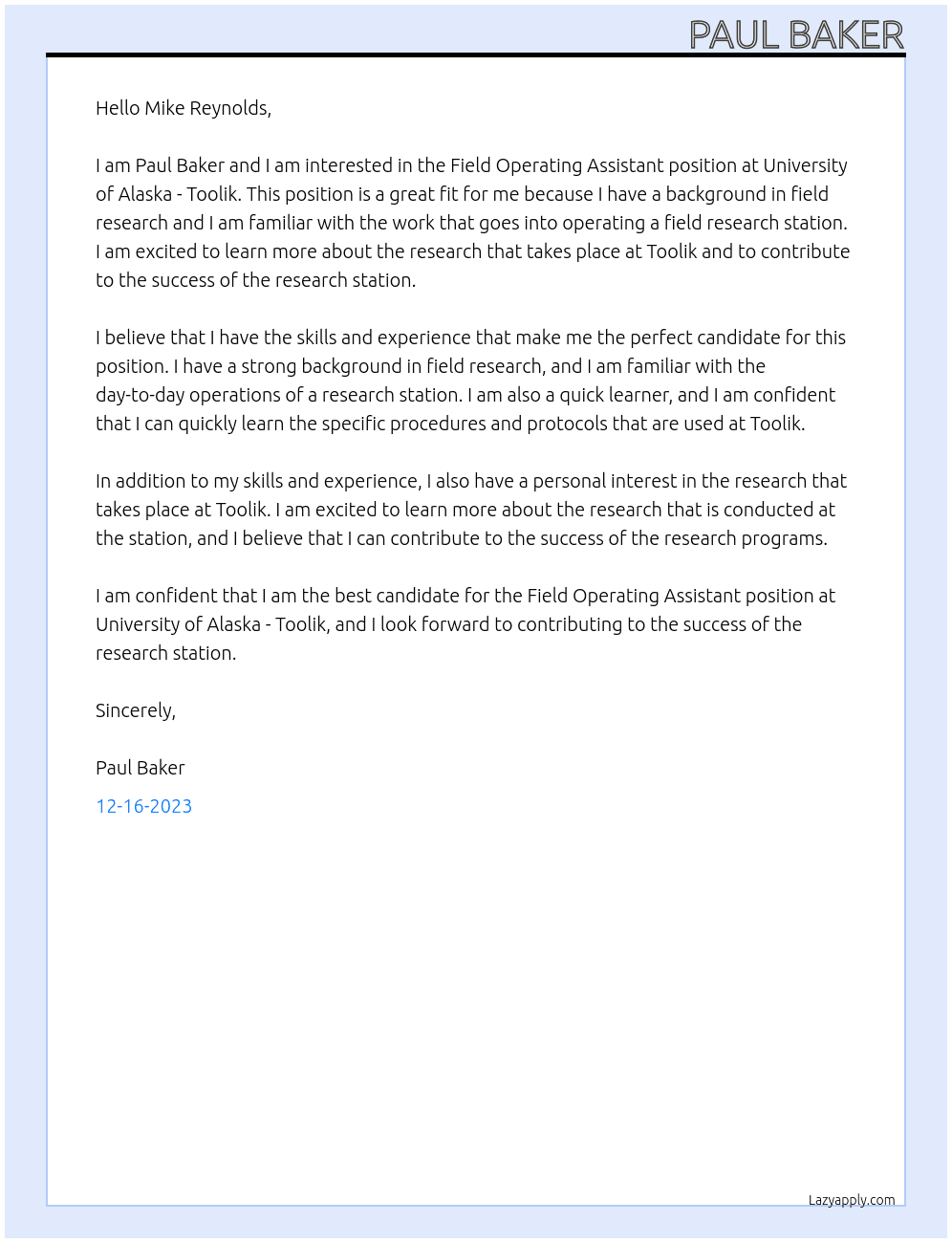 Field Operating Assistant At University of Alaska - Toolik Cover Letter