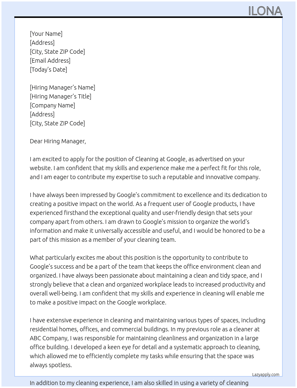 cleaning  At google Cover Letter
