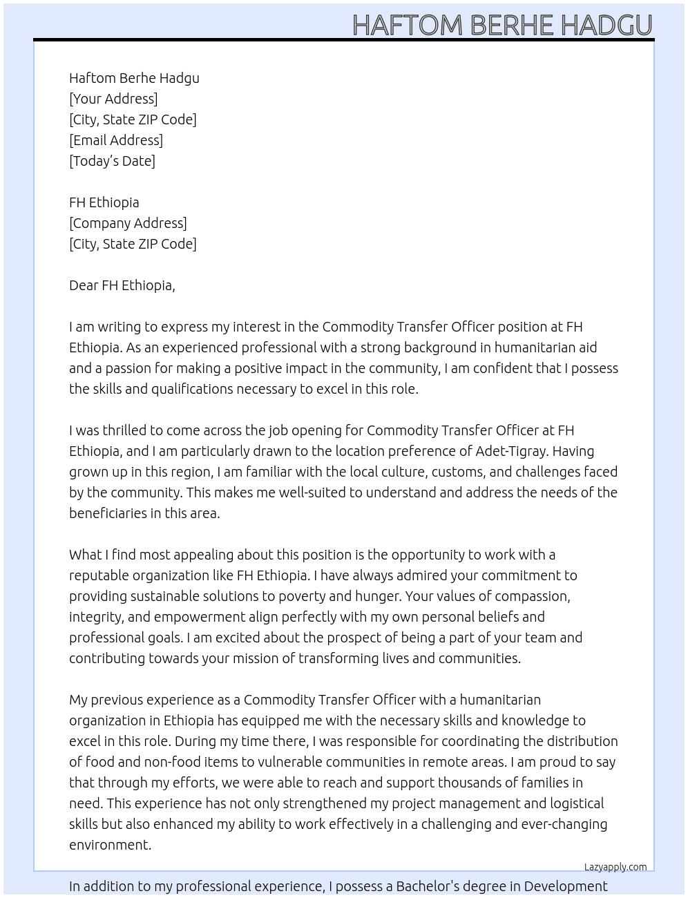 Commodity Transfer Officer At FH Ethiopia  Cover Letter