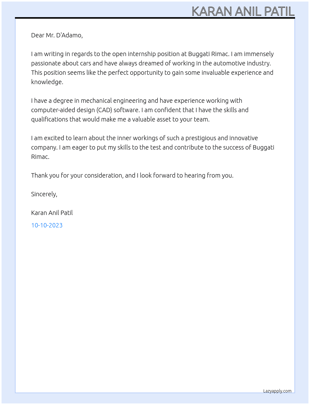 Internship At Buggati Rimac Cover Letter