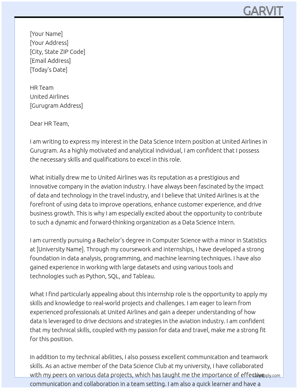 Data Science Intern At United Airlines Cover Letter