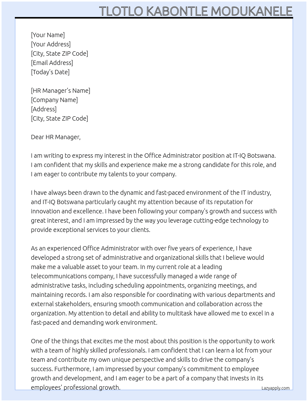 Office Administrator  At IT-IQ Botswana Cover Letter