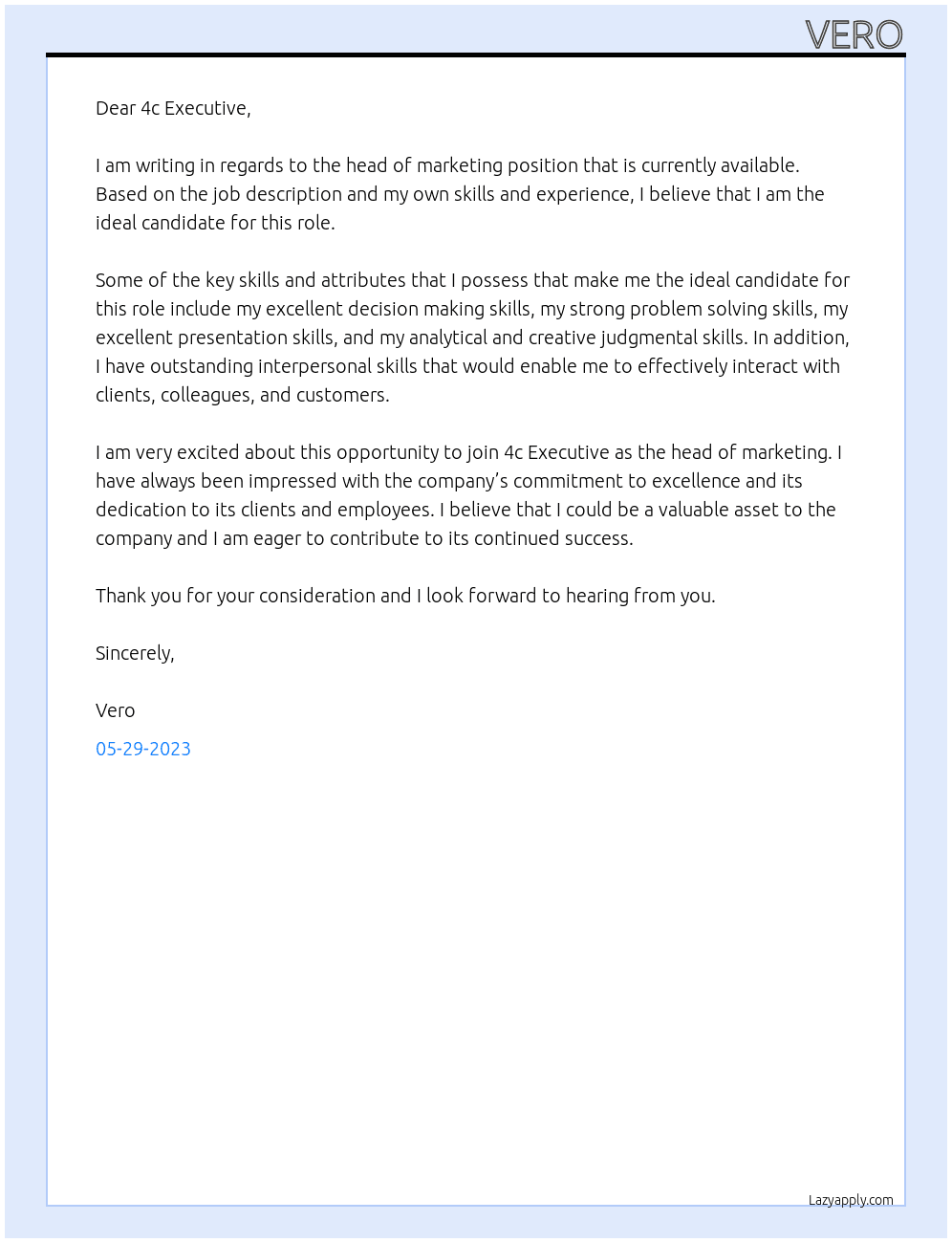 head of Marketing At 4c Executive Cover Letter