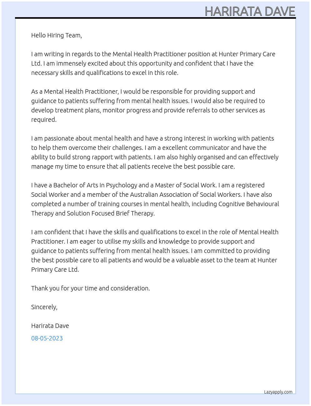 Mental Health Practitioner At Hunter Primary care ltd. Cover Letter