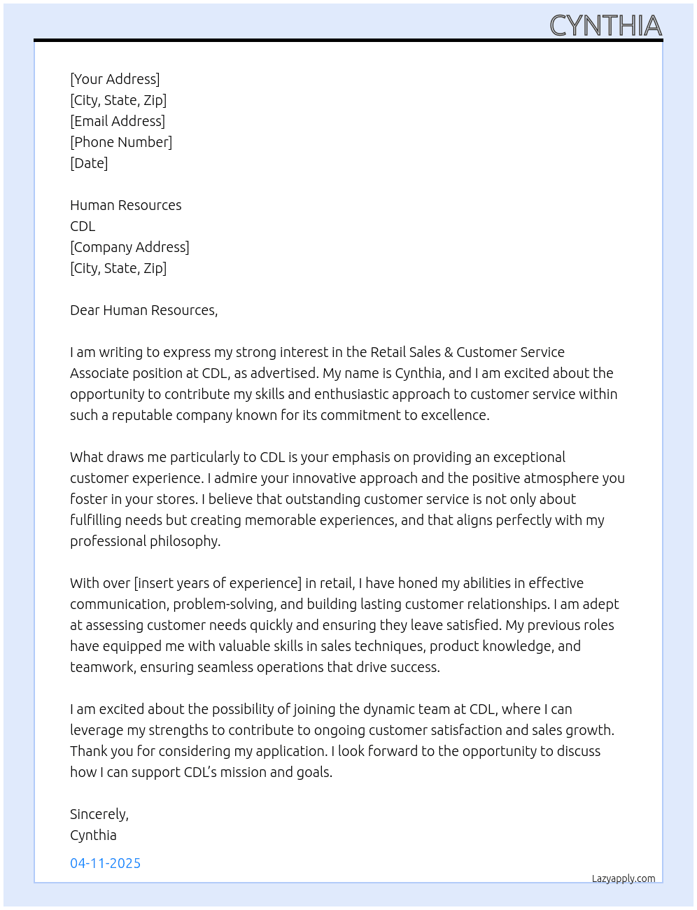 Cover letter for retail sales & customer service associate - LazyApply