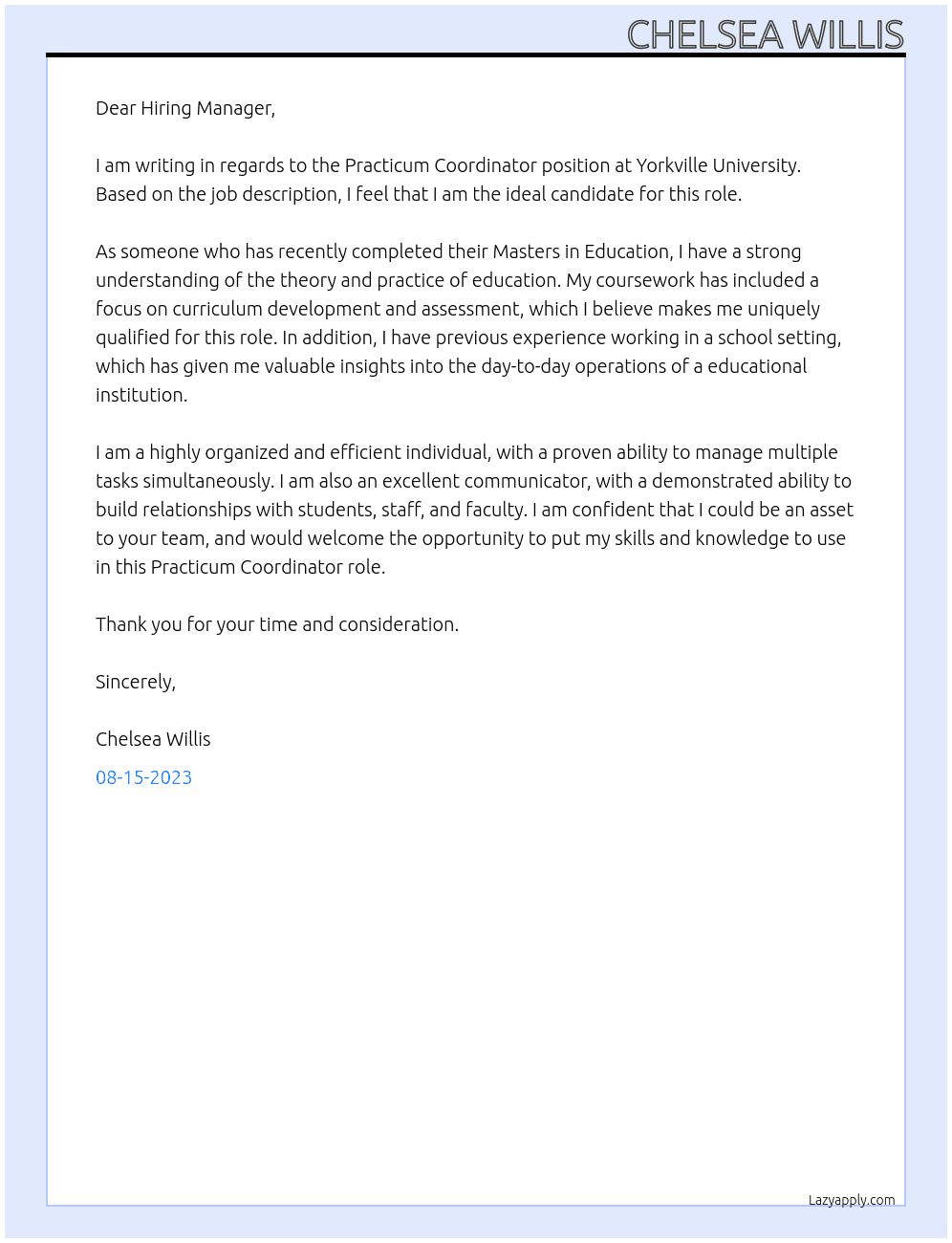 Practicum Coordinator  At Yorkville University Cover Letter