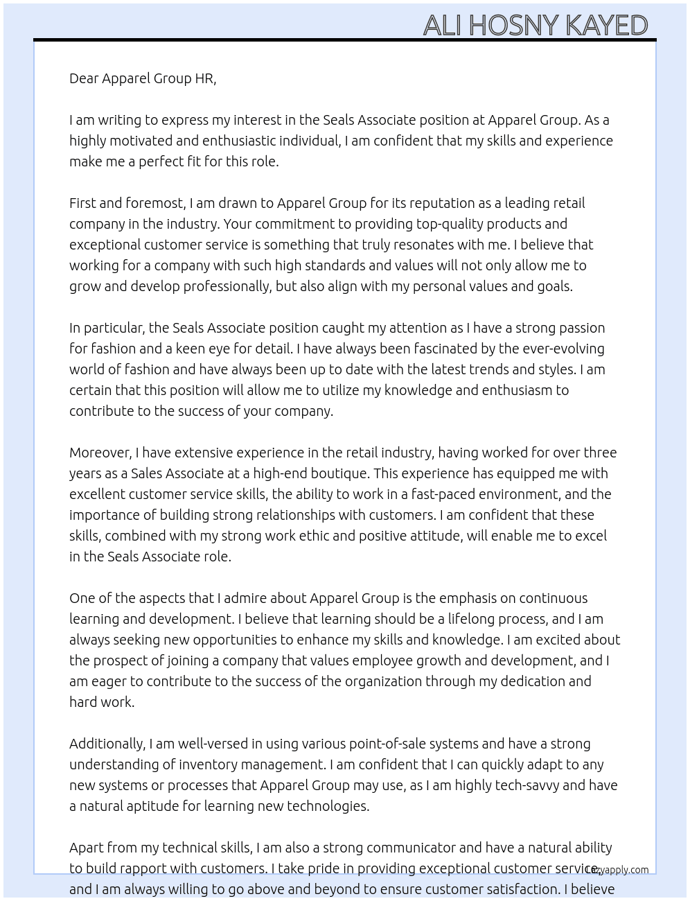 Seals Associate At Apparel Group  Cover Letter