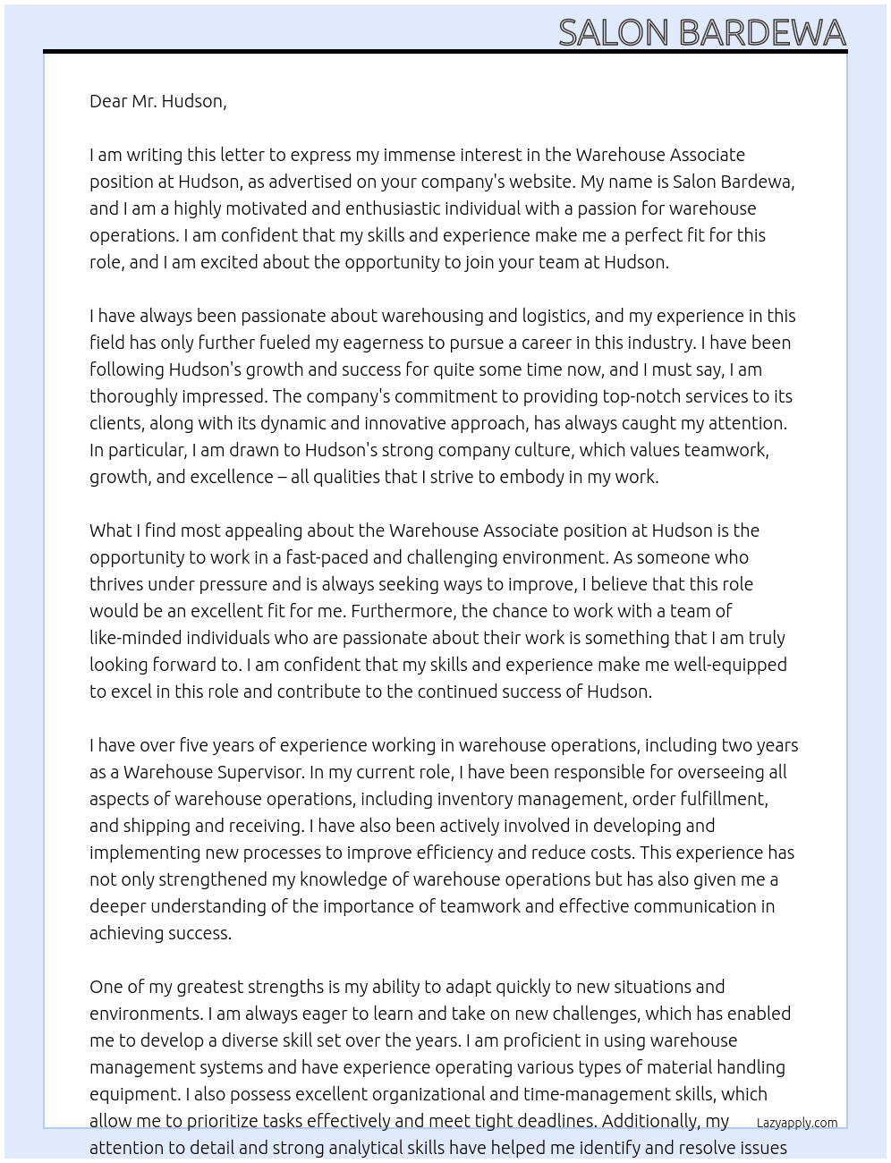 Warehouse Associate At Hudson Cover Letter