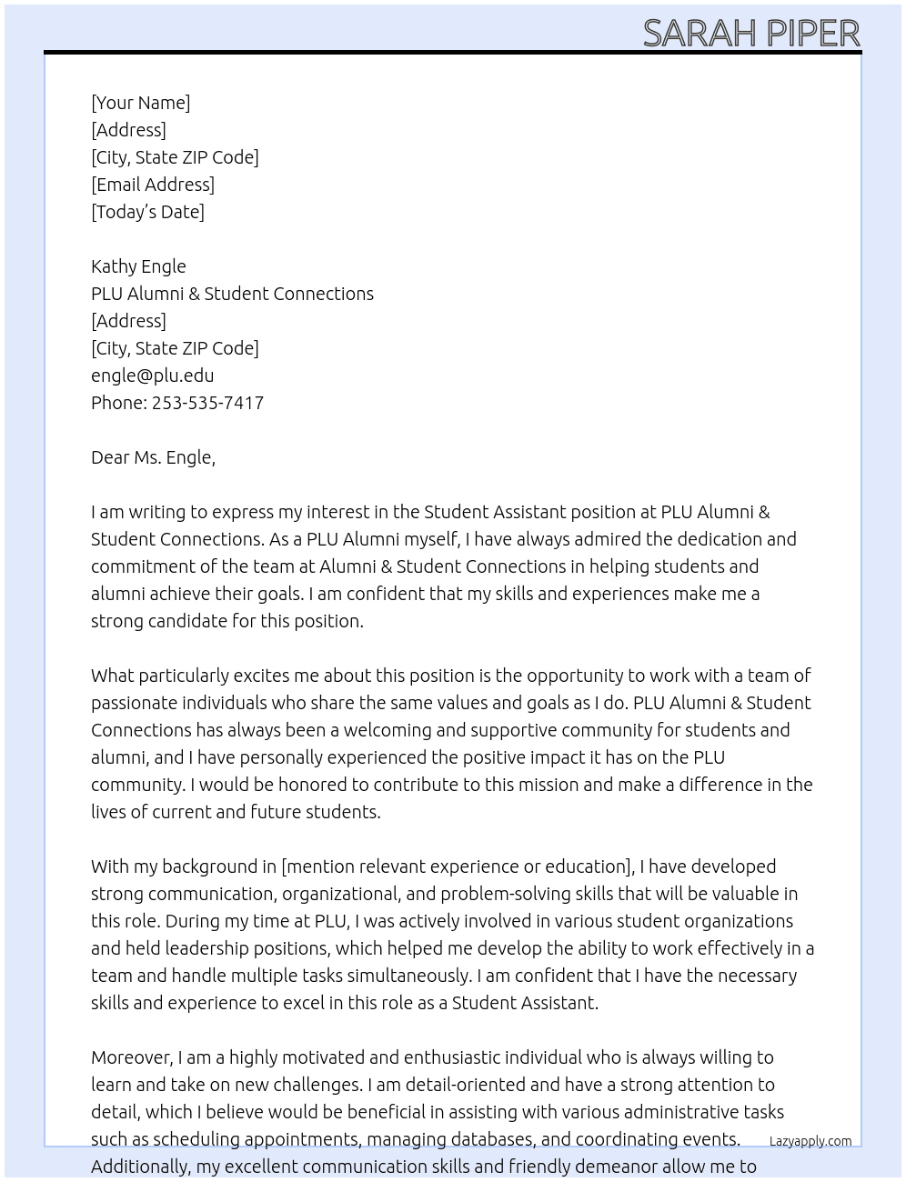 Student Assistant  At PLU Alumni & Student Connections Cover Letter