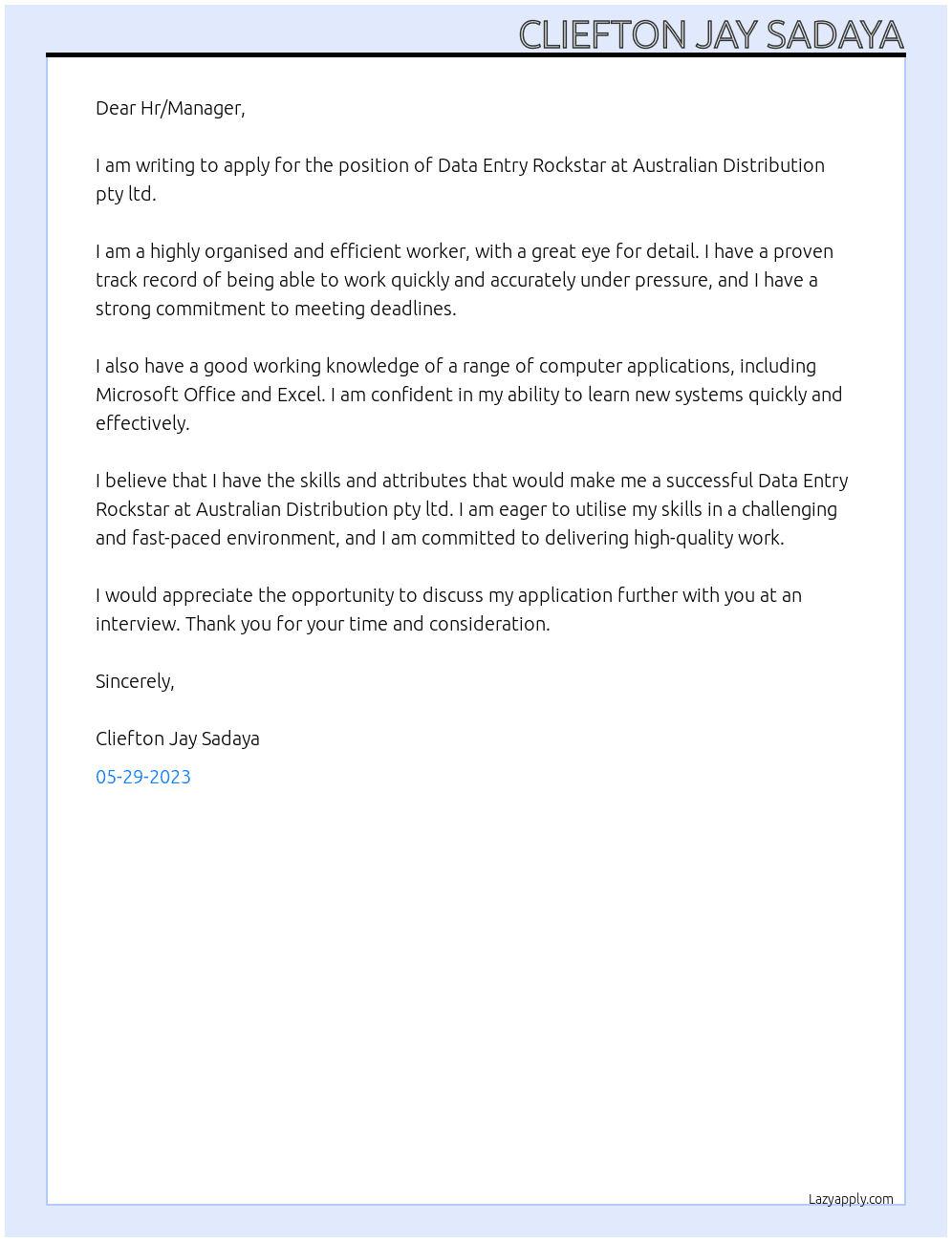 Data Entry Rockstar At Australian Distribution pty ltd Cover Letter