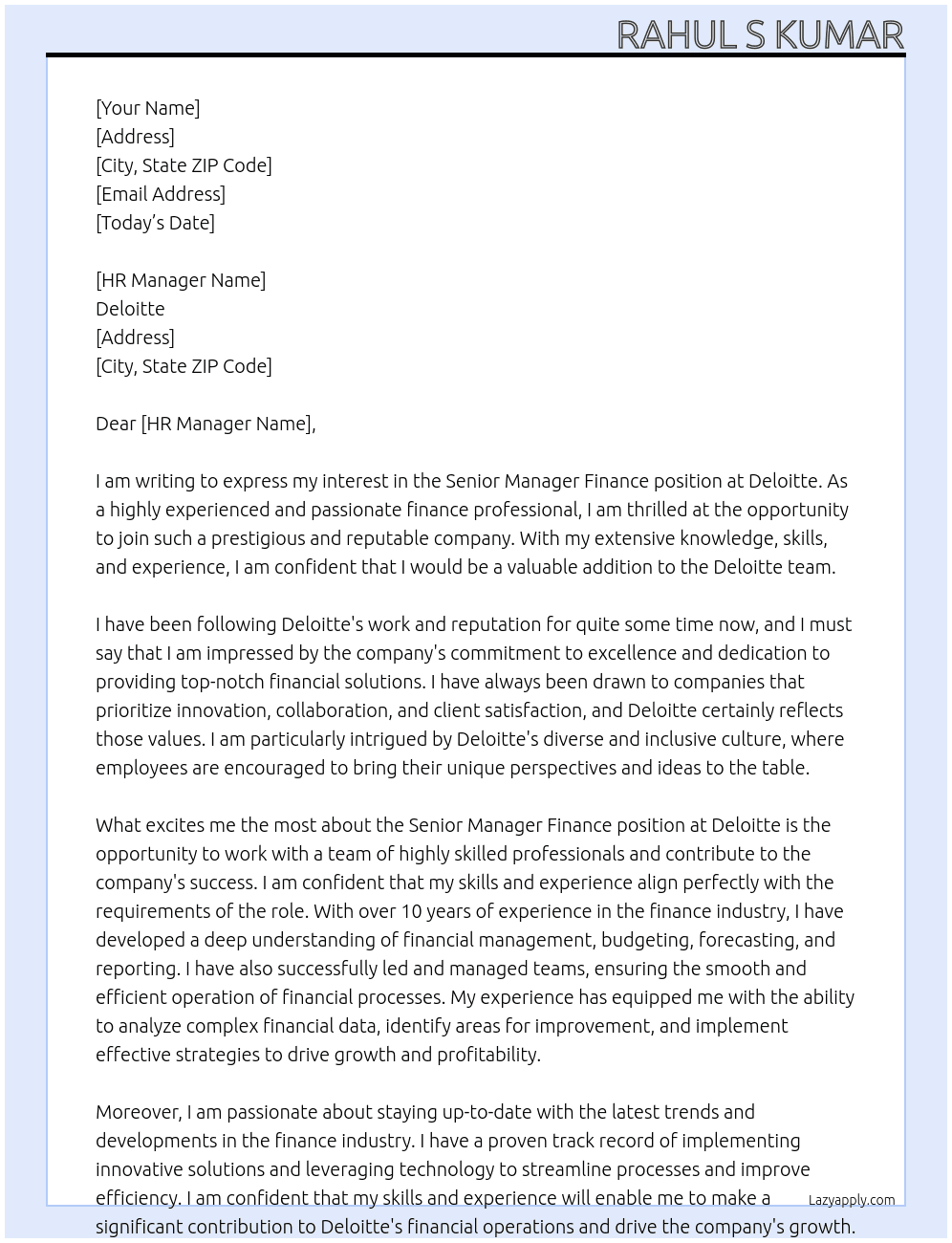 Senior Manager Finance At Deloitte  Cover Letter
