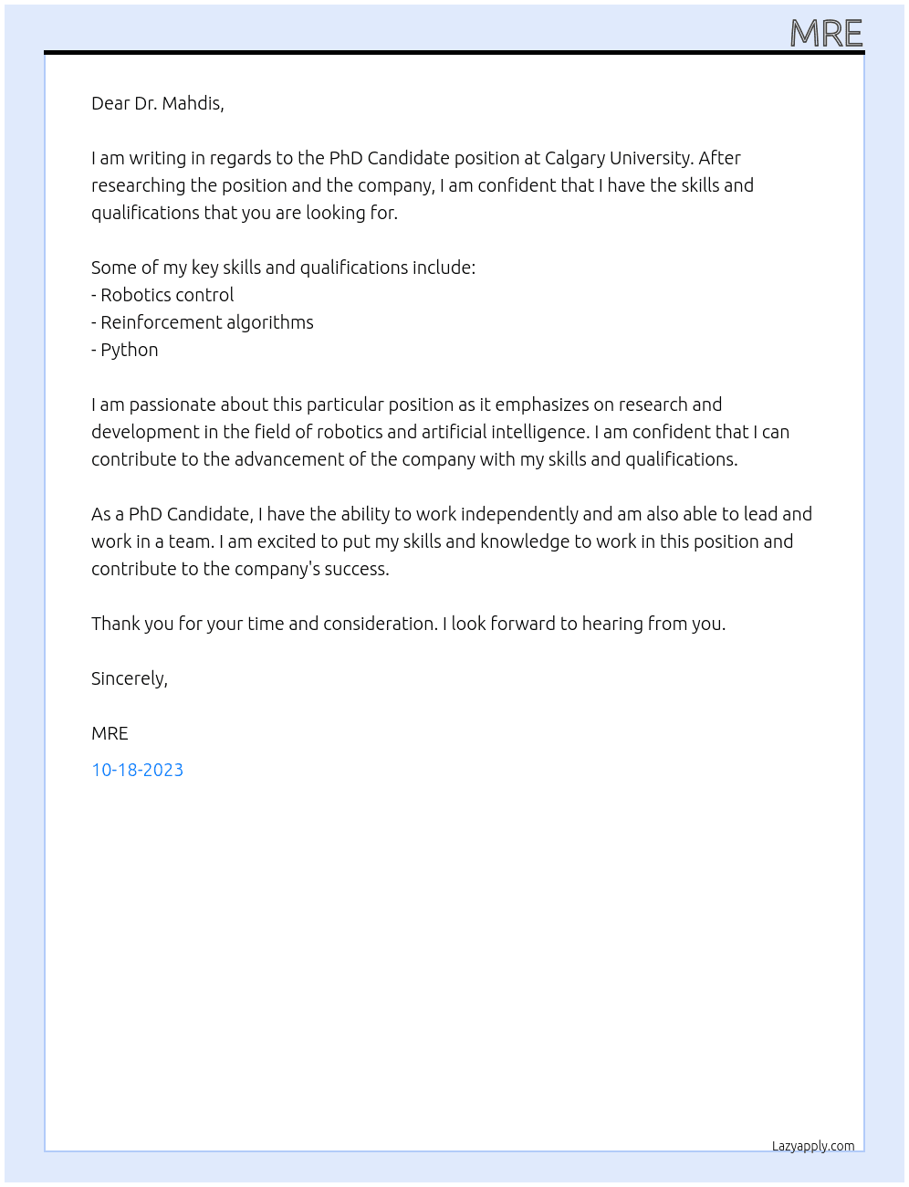 PhD Candidate At Calgary University Cover Letter