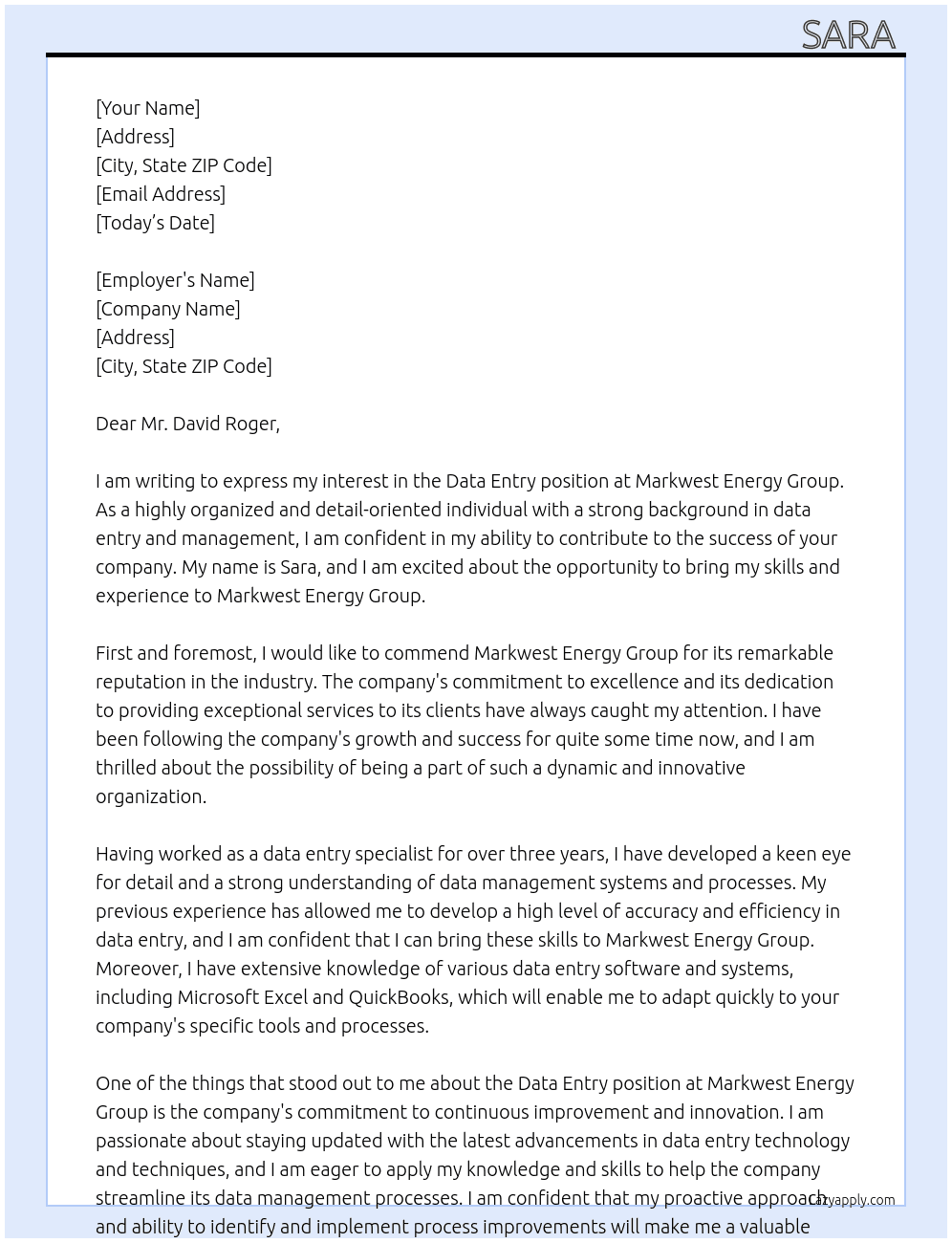 Data Entry At Markwest Energy Grp Cover Letter