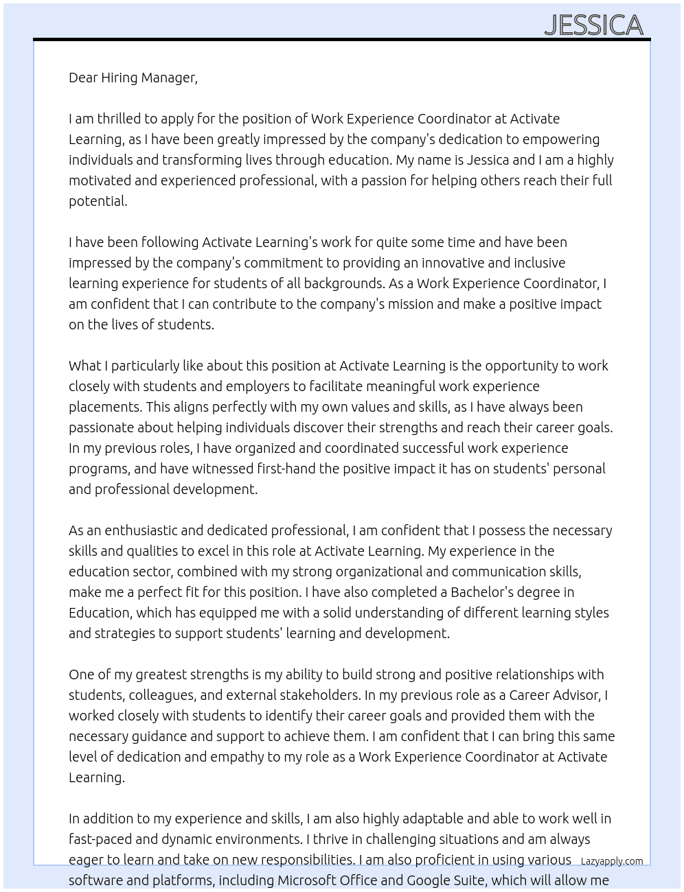 Work Experience Coordinator At Activate Learning Cover Letter