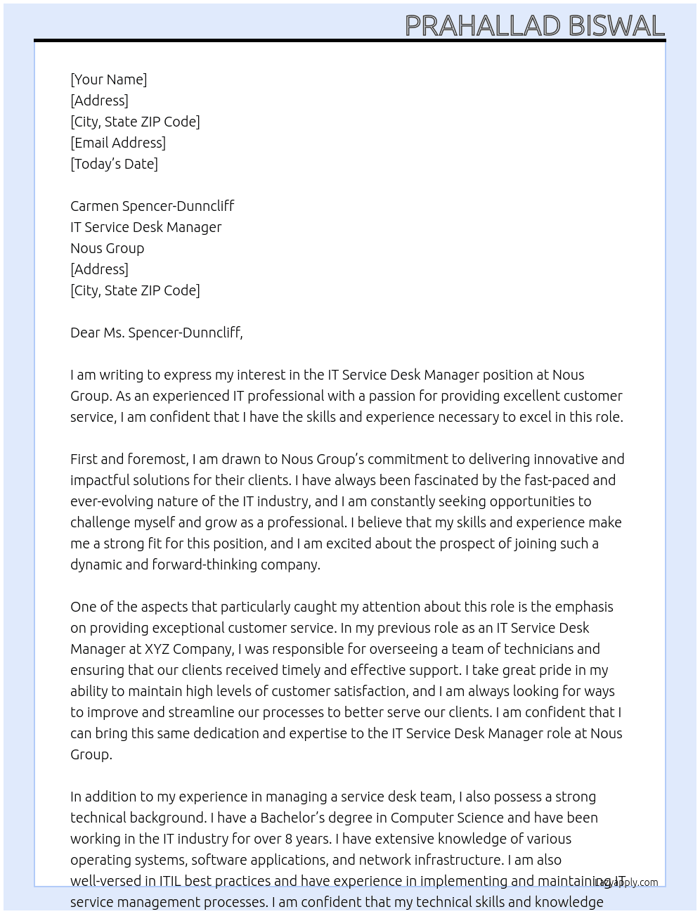 IT Service Desk Manager At Nous Group Cover Letter
