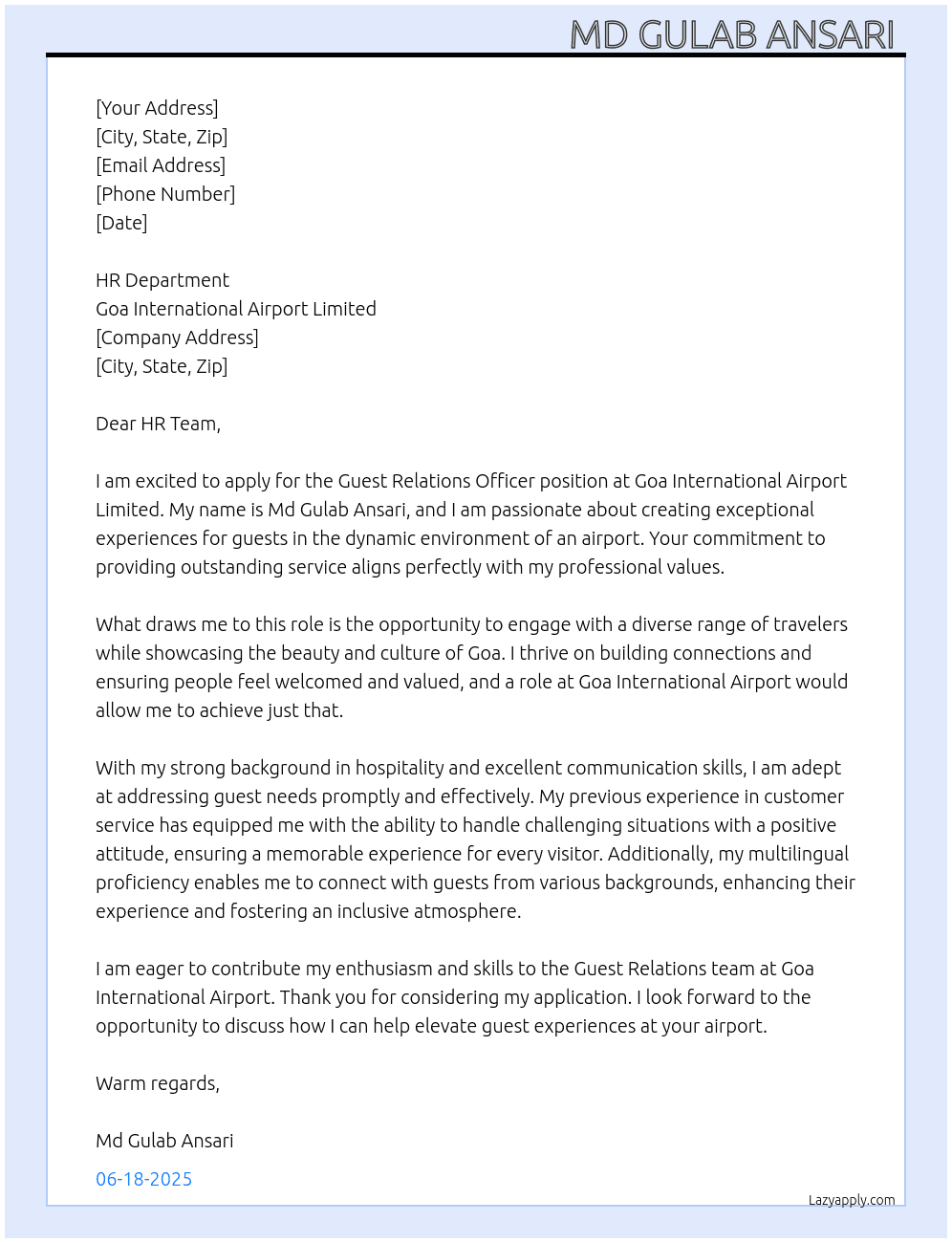 Guest Relations Officer At Goa international airport limited  Cover Letter