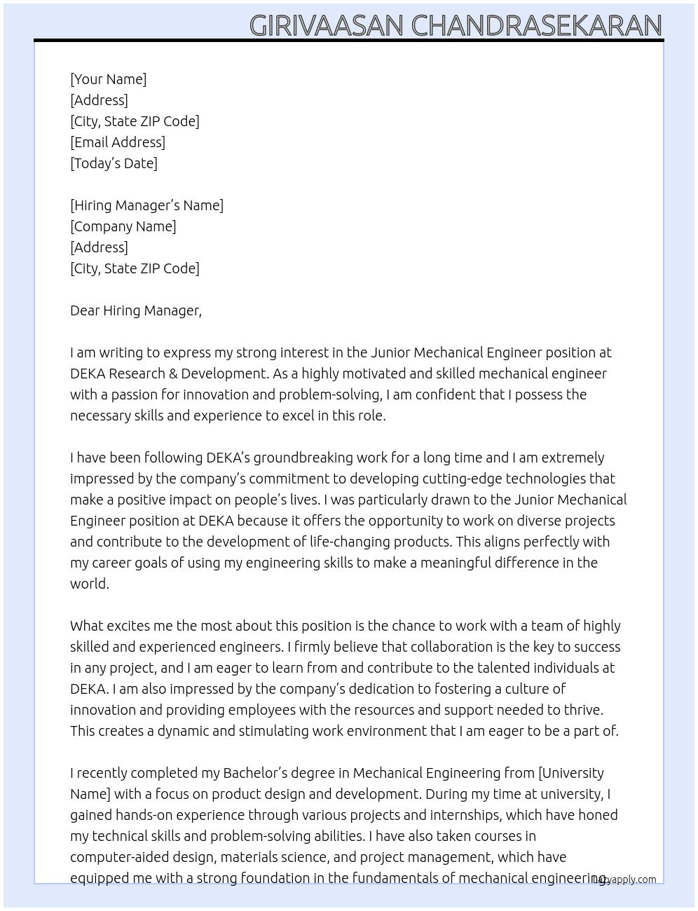 Junior Mechanical Engineer At  DEKA Research & Development Cover Letter