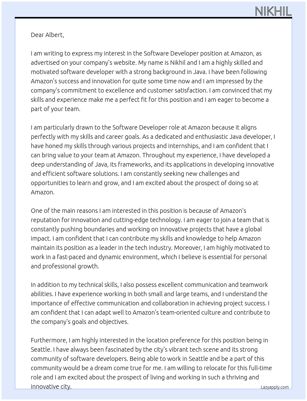 software devloper  At amazon Cover Letter