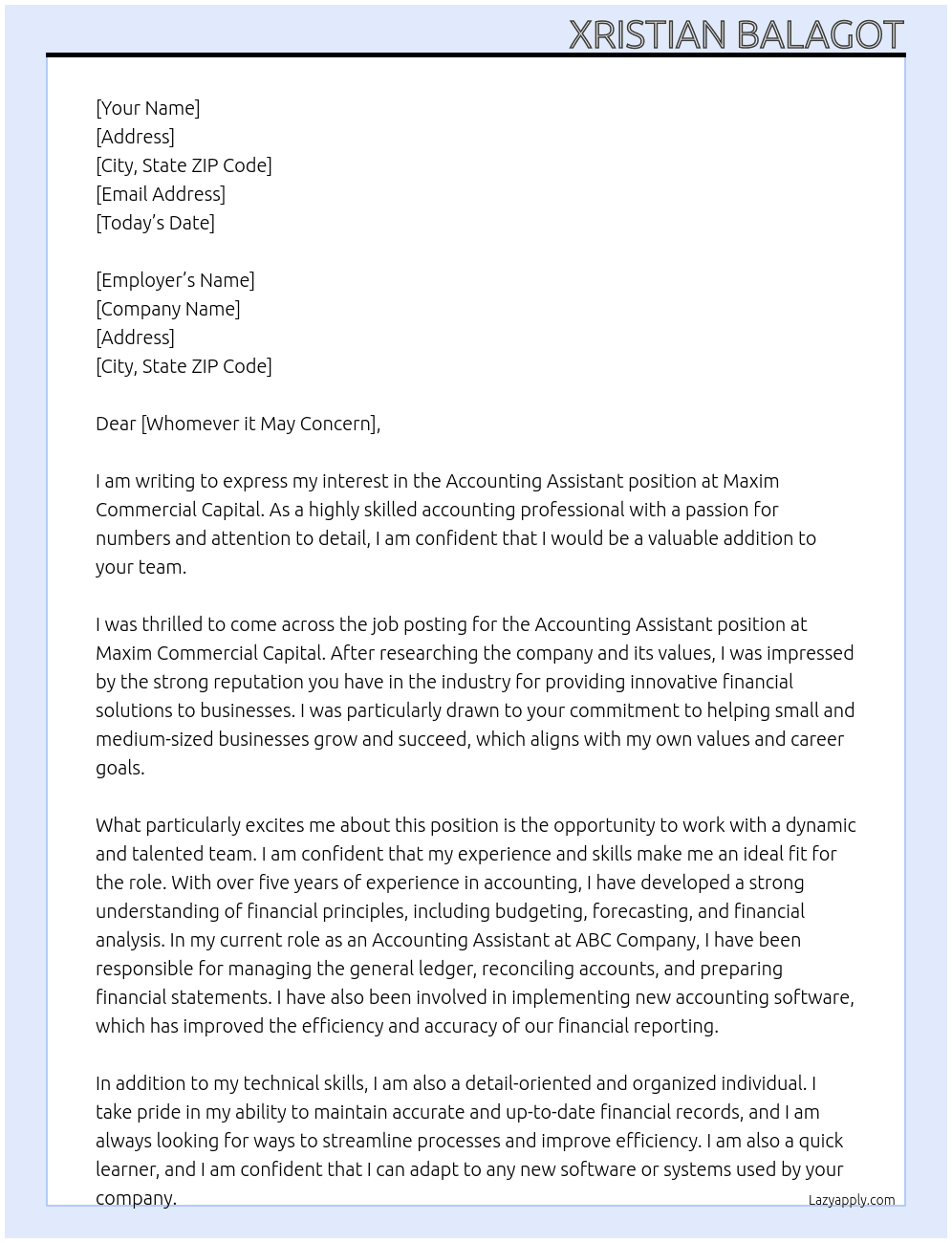 Accounting Assistant At Maxim Commercial Capital Cover Letter