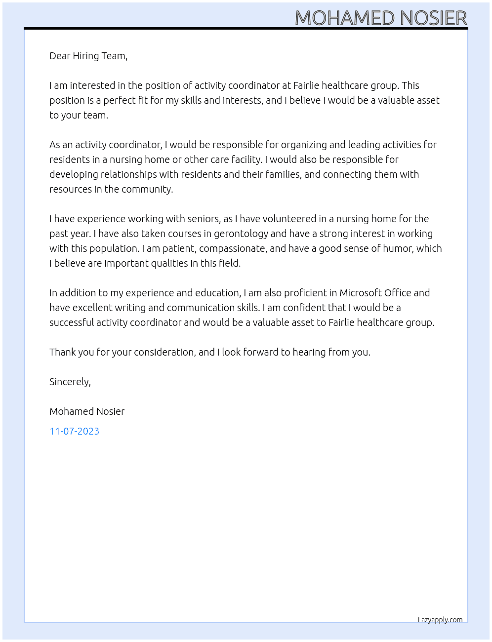 activity coordinator  At Fairlie healthcare group  Cover Letter