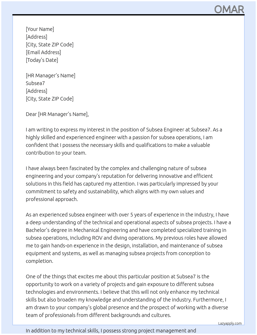 subsea engineer At subsea7 Cover Letter