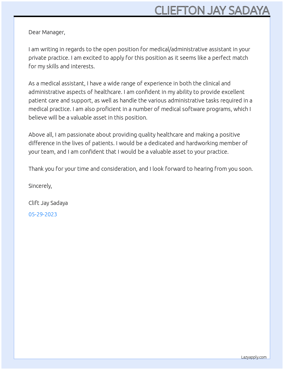 Medical/administrative assistant At private practice Cover Letter