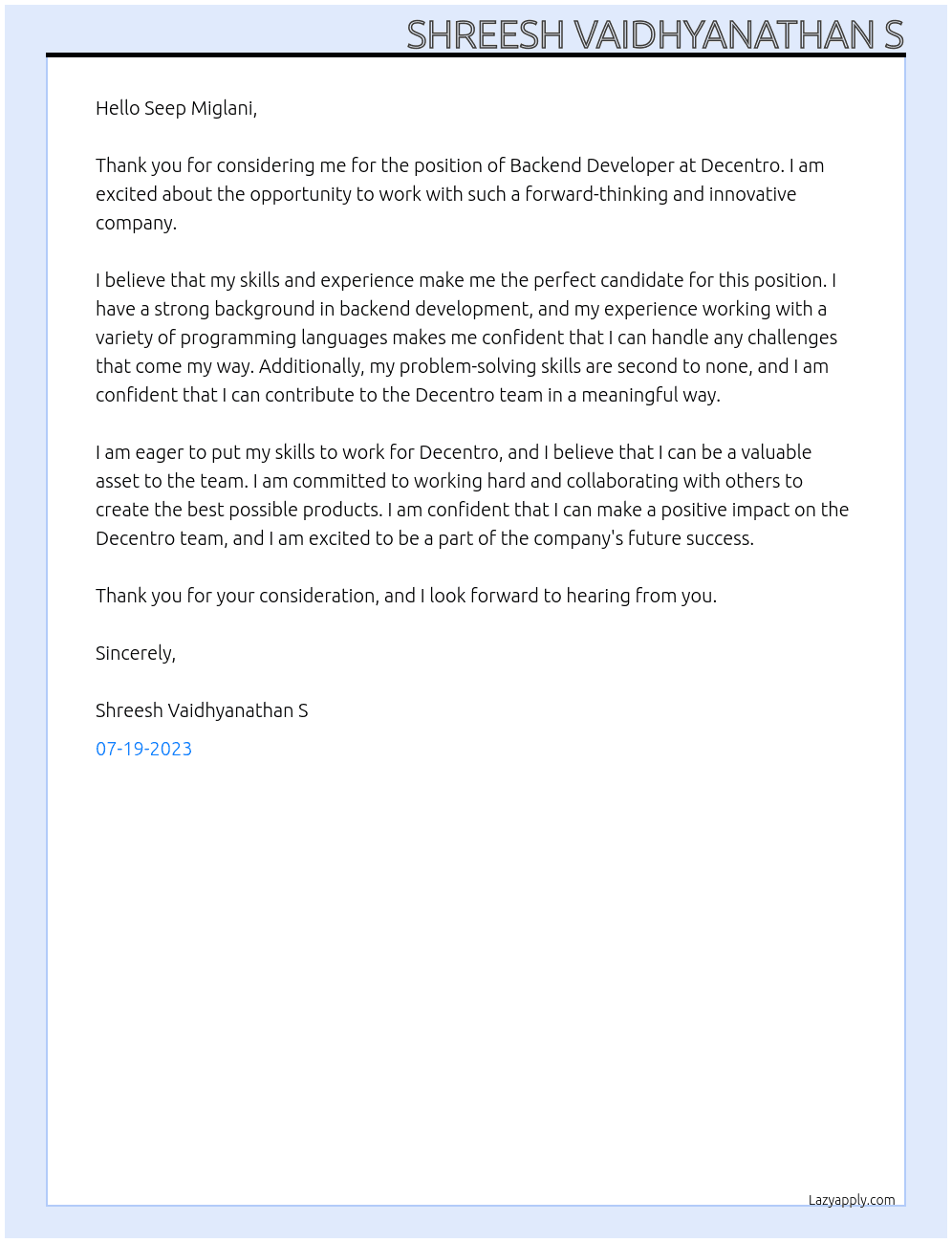 Backend Developer At Decentro Cover Letter