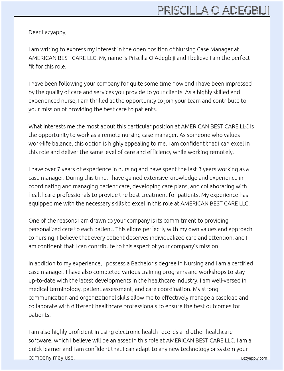 nursing case manager At AMERICAN BEST CARE LLC Cover Letter