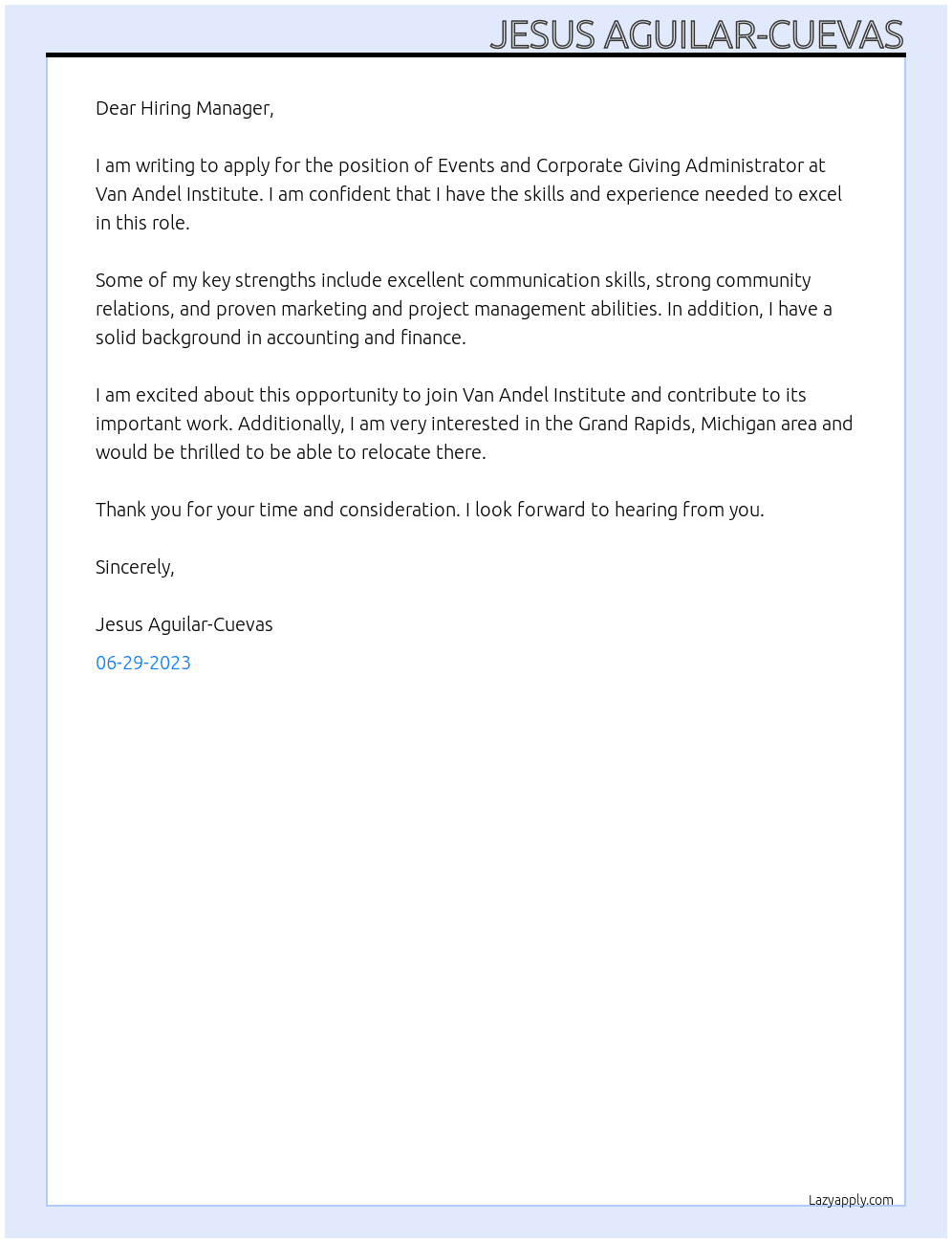 Events and Corporate Giving Administrator At Van Andel Institute Cover Letter
