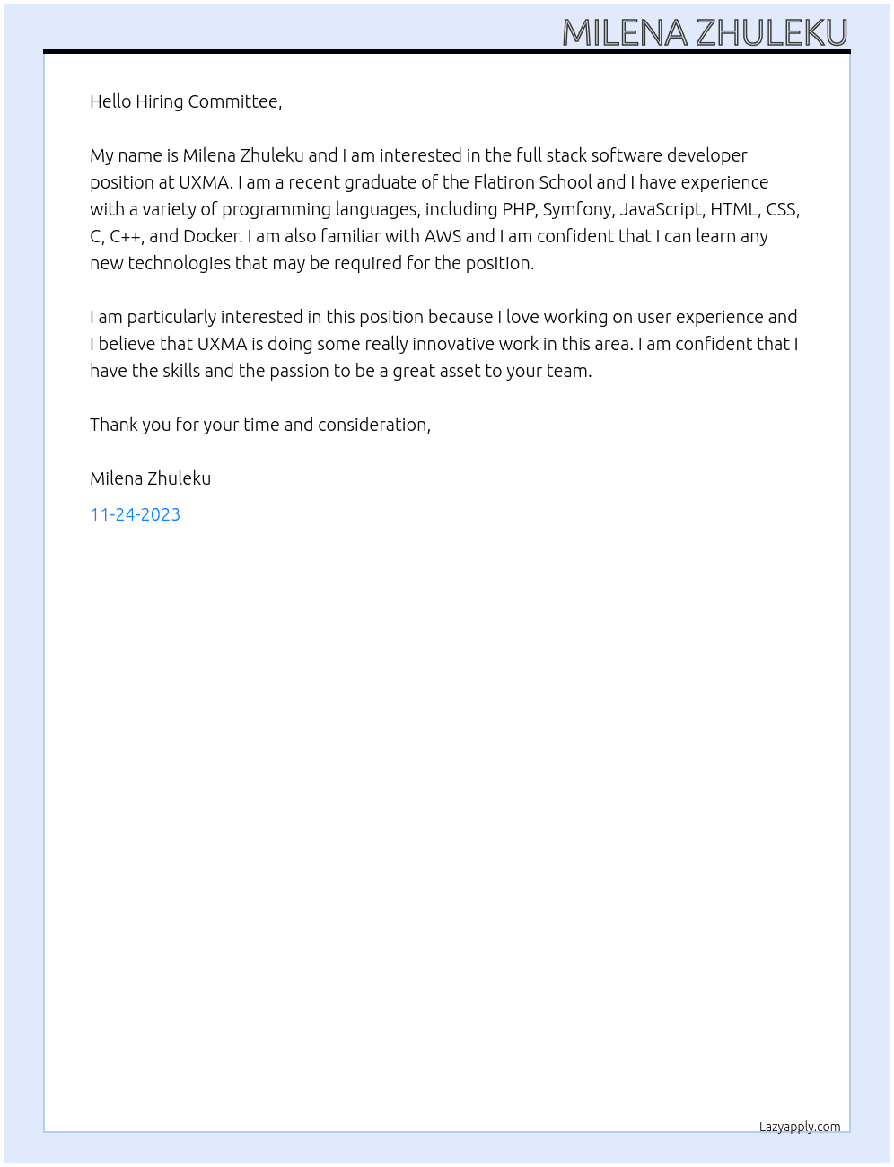 full stack software developer  At UXMA Cover Letter