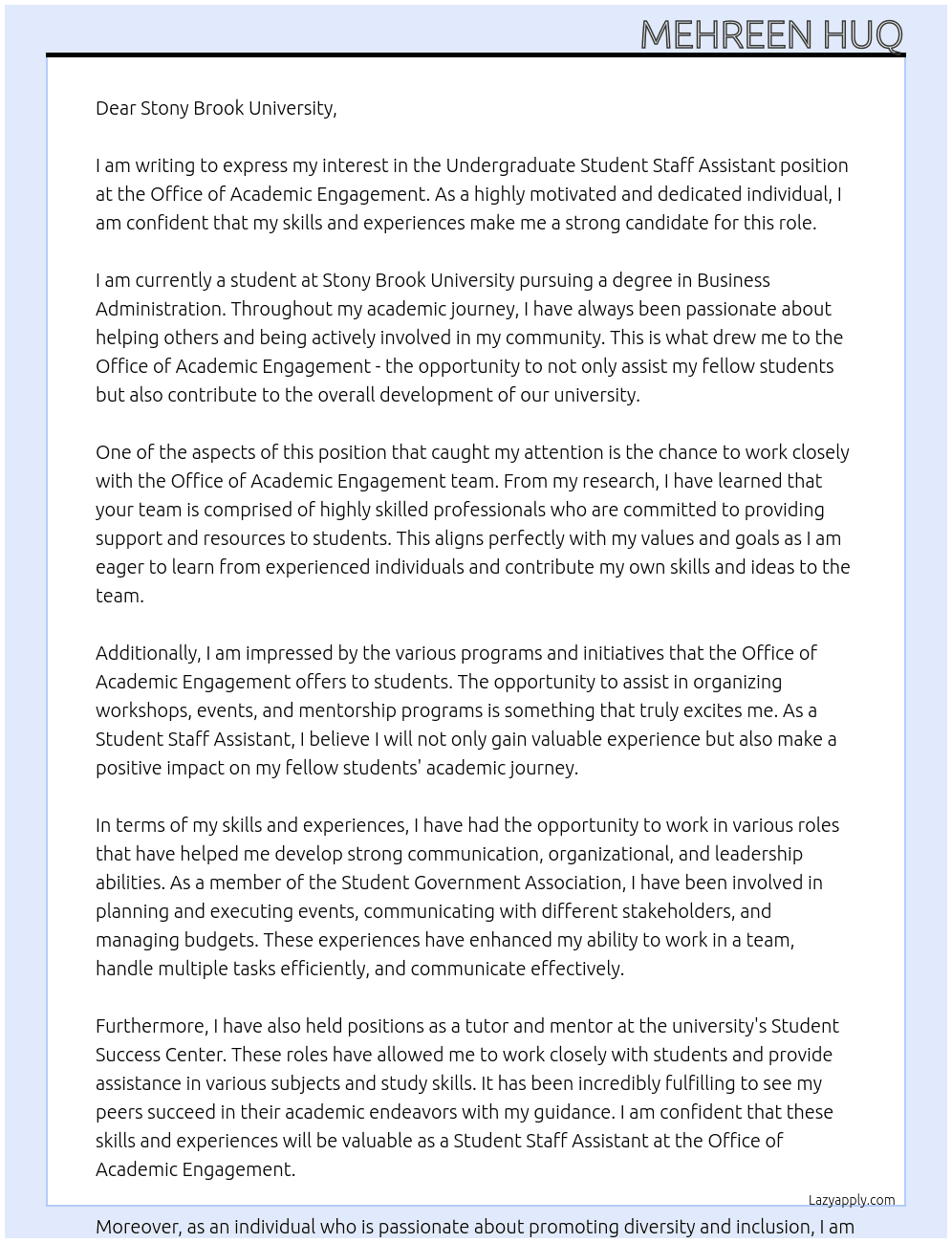 Undergraduate Student Staff Assistant At Office of Academic Engagement Cover Letter